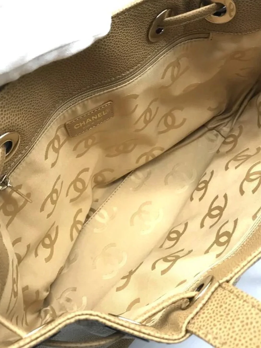 Authentic CHANEL caviar leather wood CC mini drawstring bucket bag